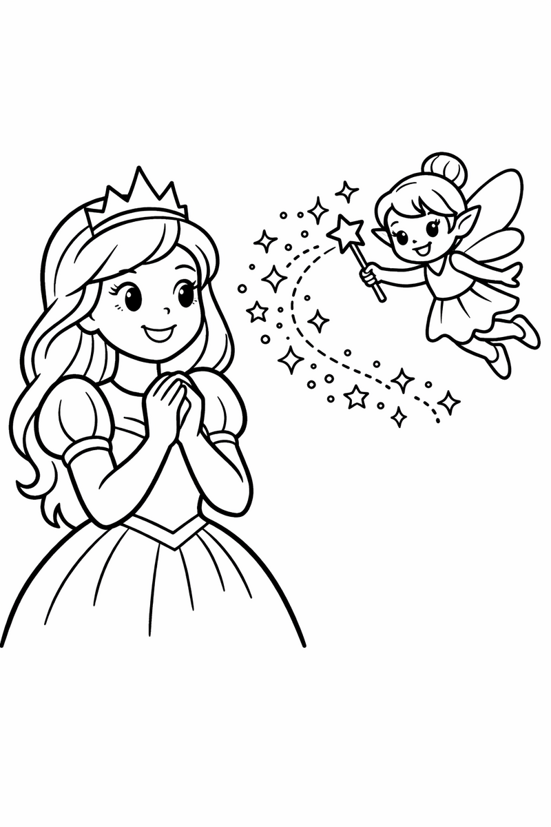 A princess clasping her hands as a small winged fairy waves a sparkling star-tipped wand with magic dust between them coloring page