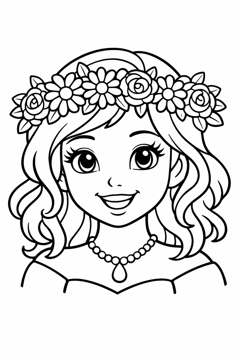 A close portrait of a smiling princess wearing a crown of woven daisies and roses with loose curls around her face coloring page