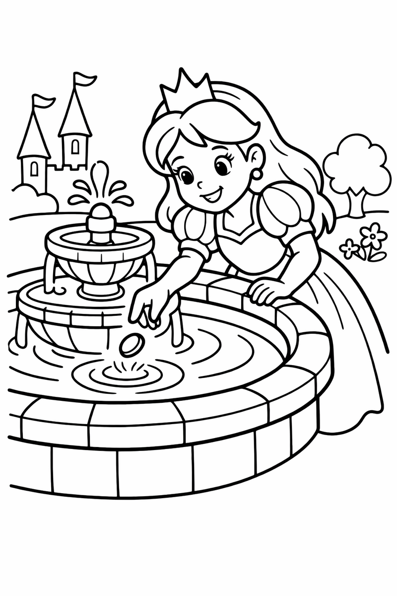 A princess leaning over the rim of a tiered stone fountain tossing a coin into the rippling water coloring page