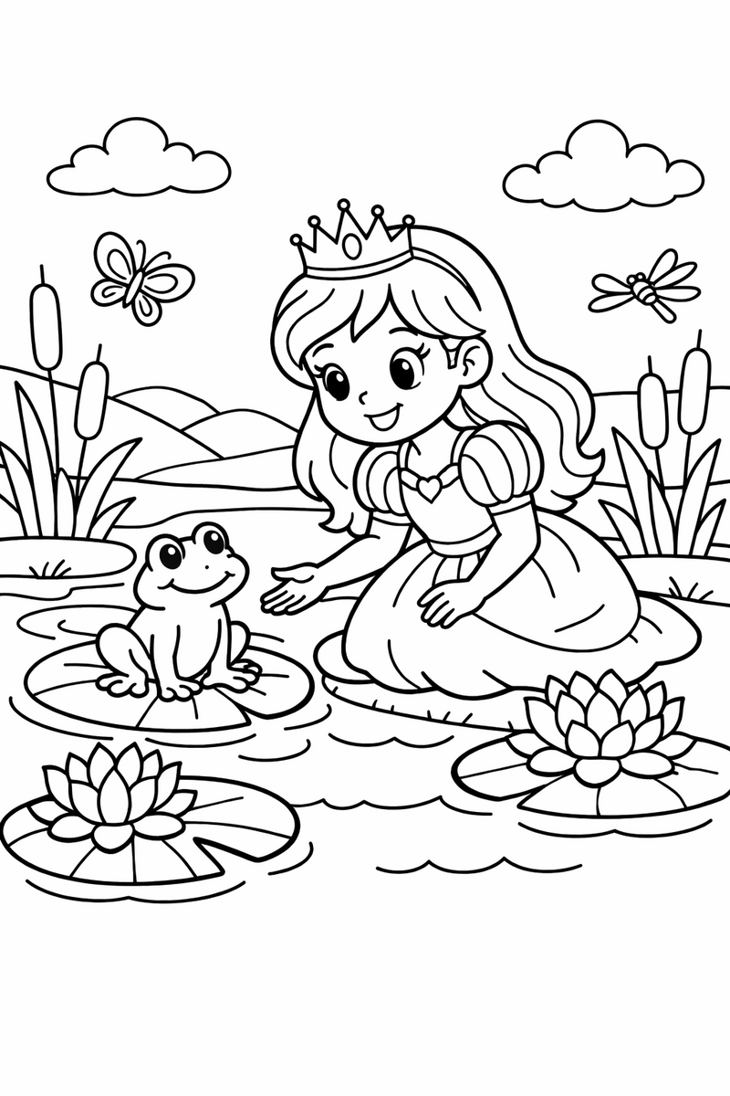 Dibujo de una princesa conociendo a una rana amigable en un estanque para colorear