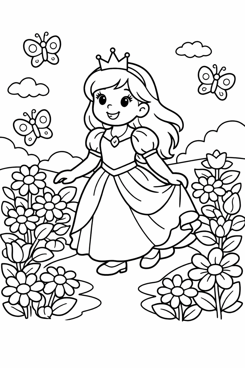 Dibujo de una princesa paseando por un jardín de flores con mariposas para colorear