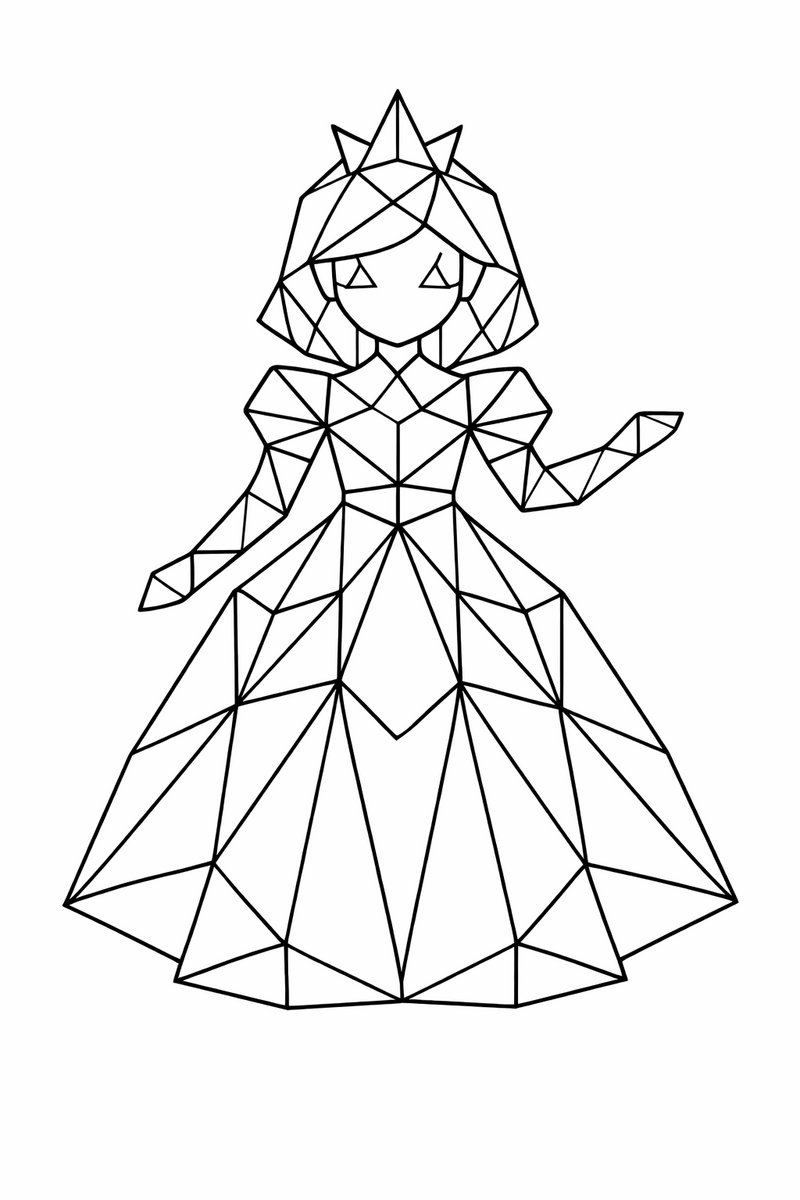 A princess figure built entirely from flat geometric triangles and facets in a modern low poly style coloring page