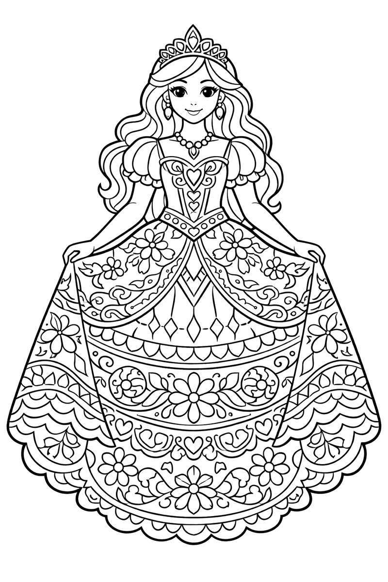 Dibujo de una princesa con un vestido de patrones detallados para colorear