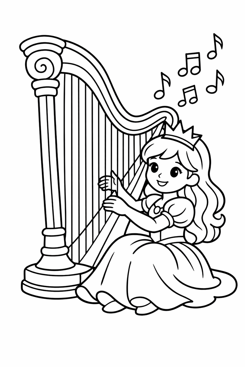 A princess seated beside a tall curved golden harp plucking its many strings with musical notes drifting up coloring page