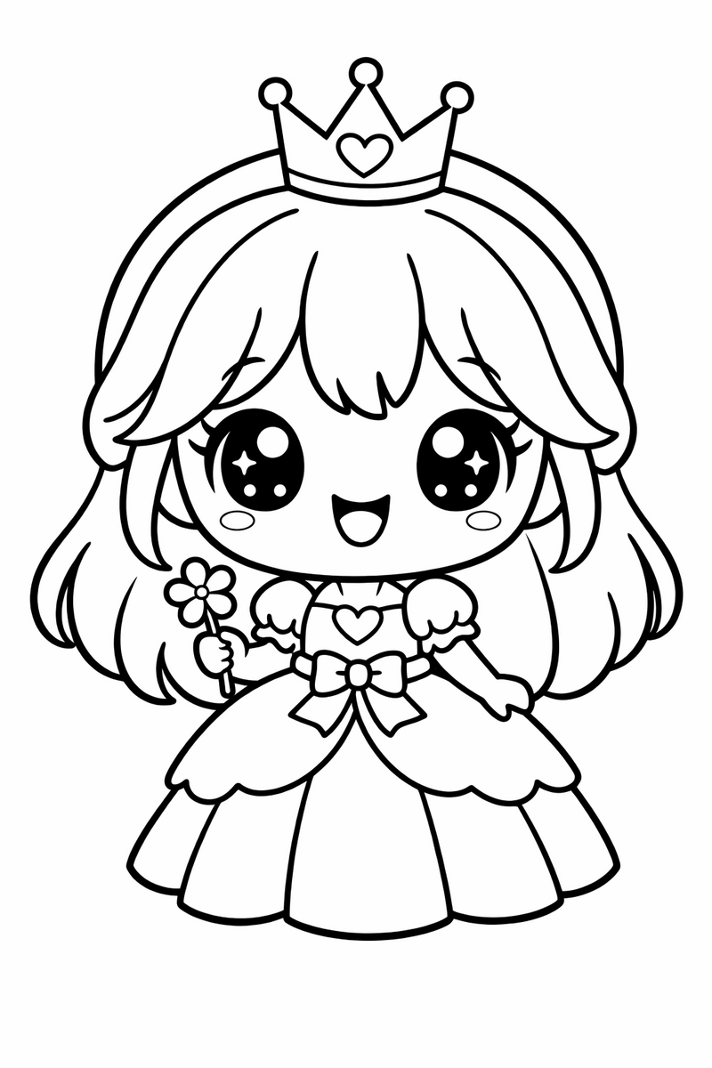 A cute chibi princess with an oversized round head huge sparkly eyes and a tiny crown grinning in kawaii style coloring page