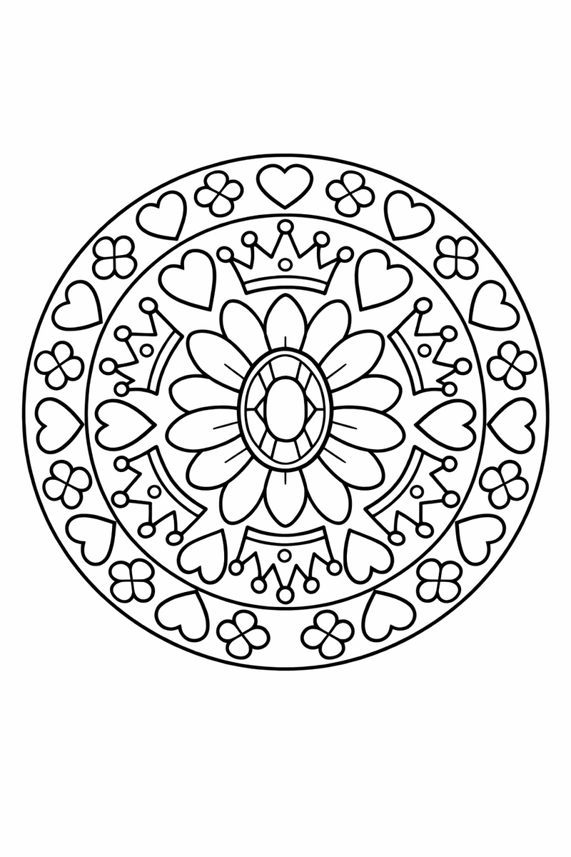 A round mandala arranging tiny tiaras crowns hearts and petals into symmetrical rings around a central jewel coloring page