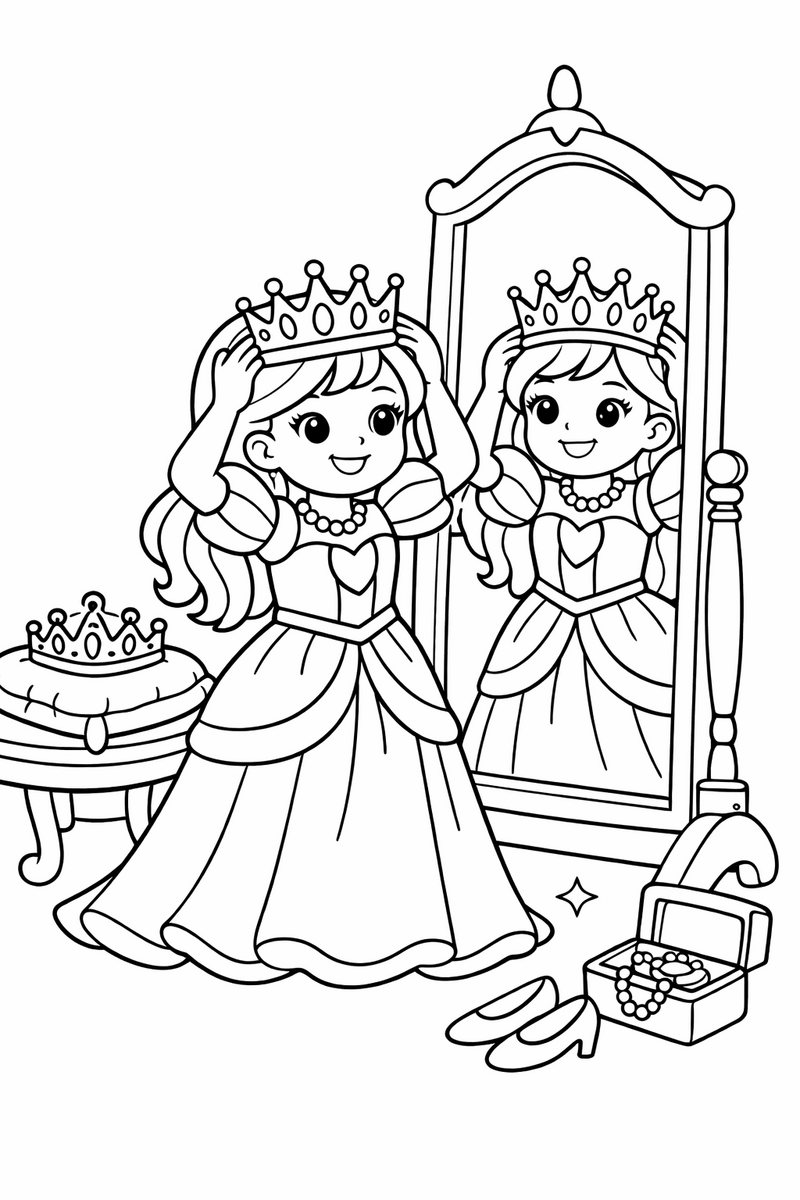 Dibujo de una princesa probándose una corona frente a un gran espejo para colorear