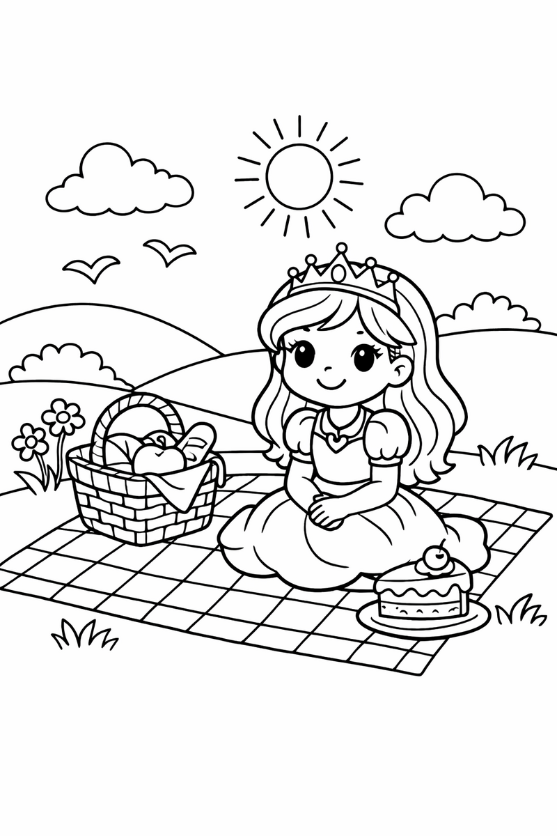 A princess sitting on a checkered blanket with a full picnic basket and a slice of cake on a grassy hill coloring page