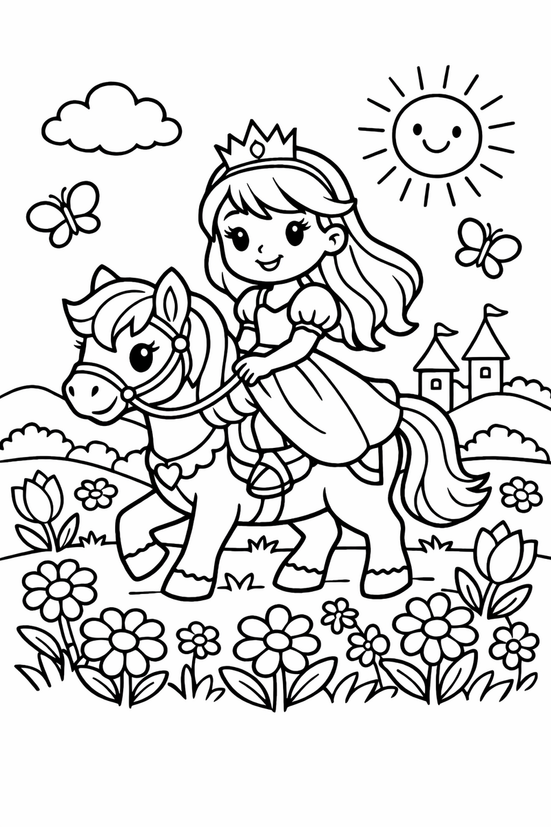 Dibujo de una princesa montando un pony por un prado florido para colorear