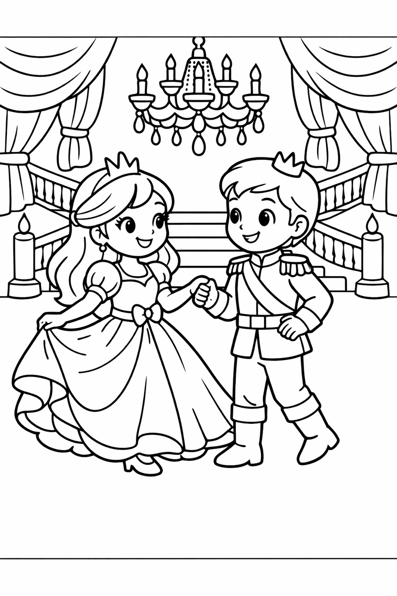 A princess and a prince holding hands and dancing together in a grand ballroom coloring page