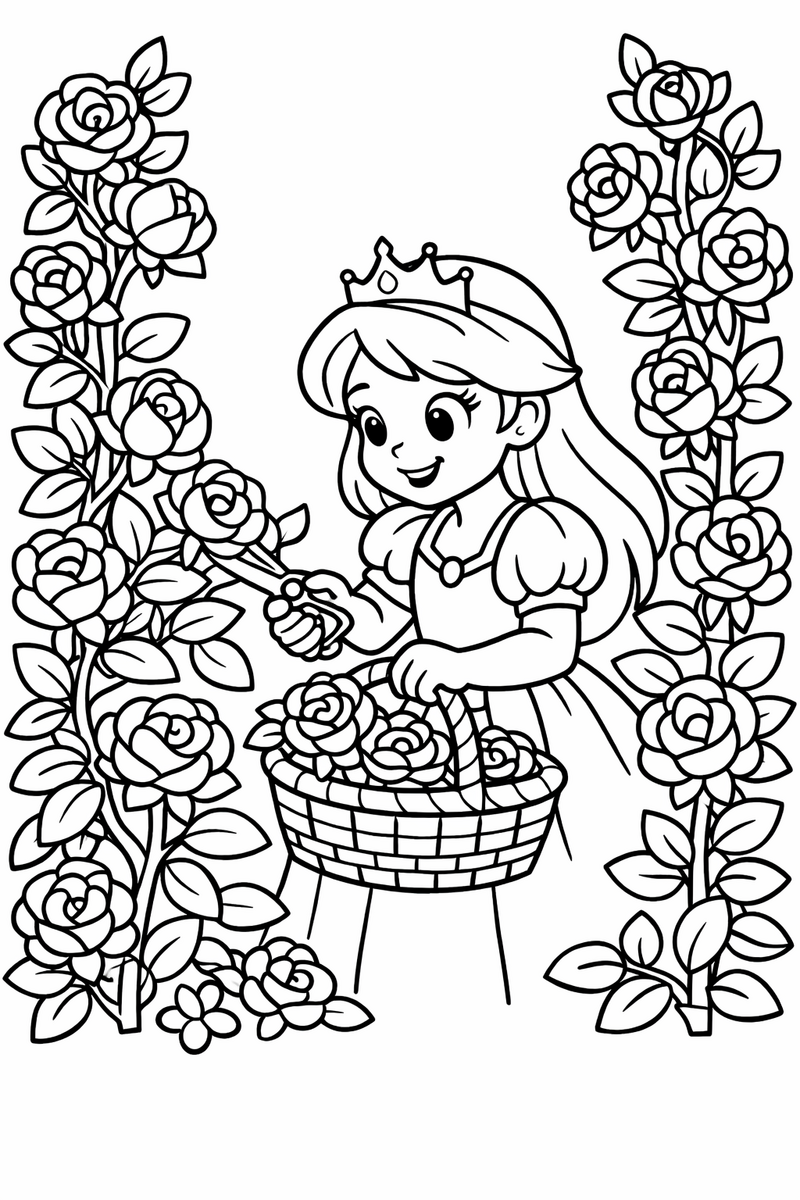 A princess snipping blooming roses into a woven basket among tall climbing rose bushes coloring page