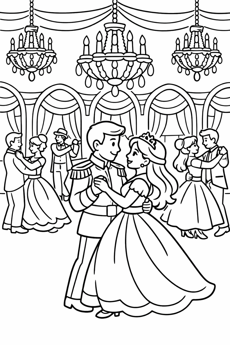 A grand royal ball with several couples dancing under sparkling chandeliers in a palace hall with arched windows coloring page