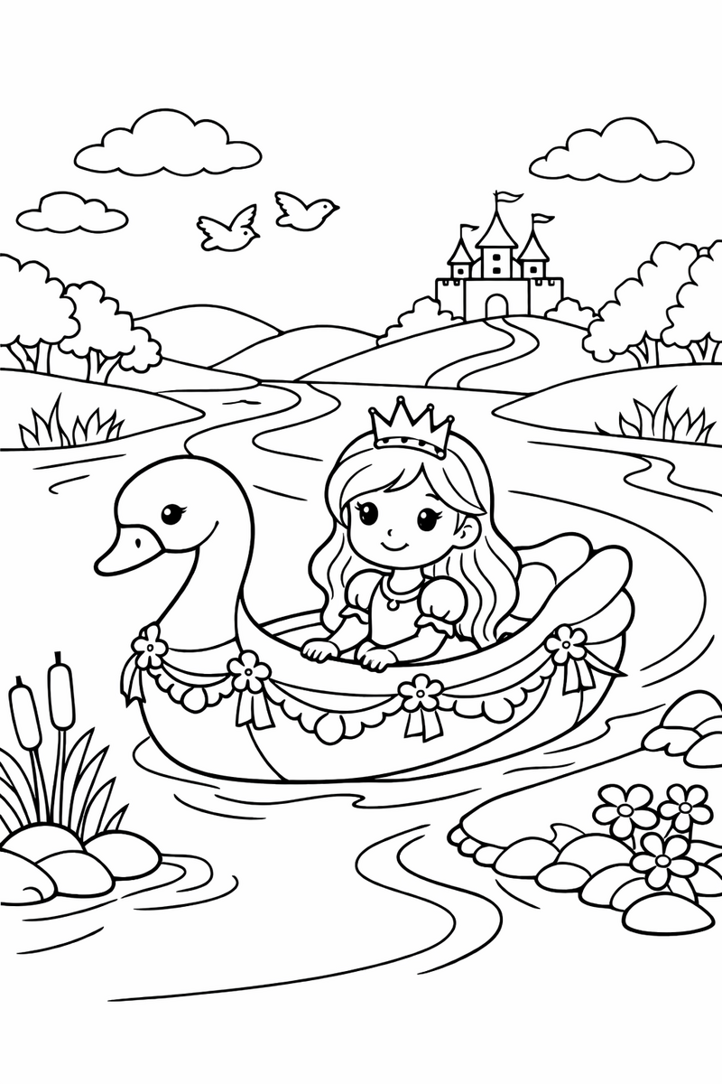 A princess sitting in a small swan-shaped boat decorated with garlands drifting along a calm winding river coloring page