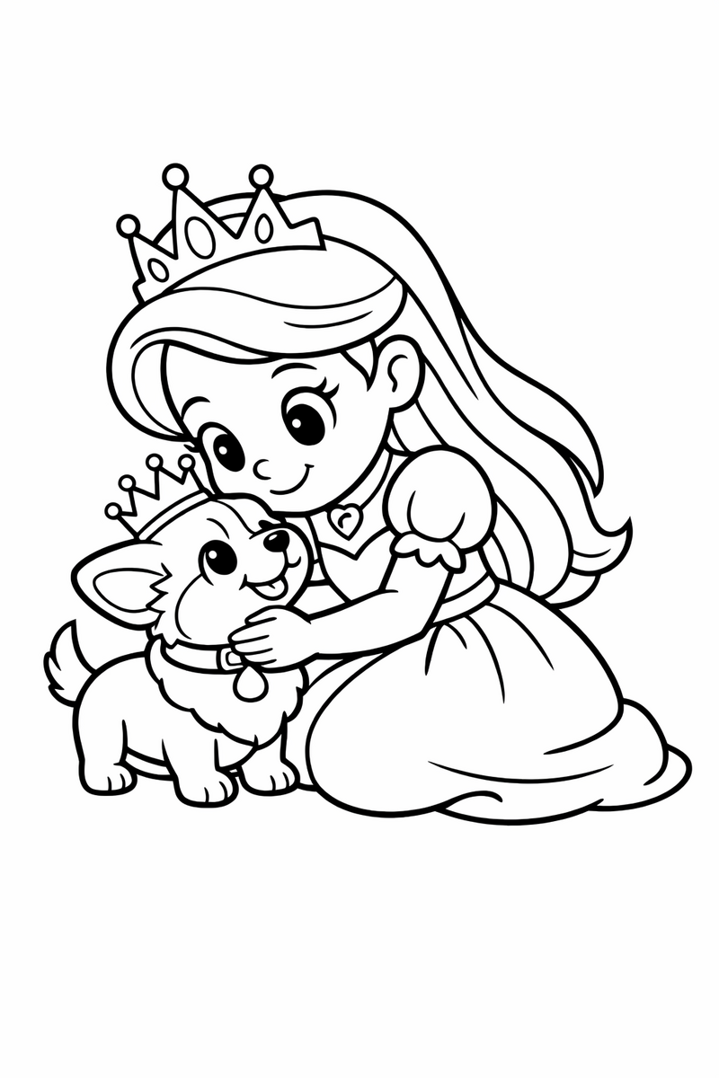 A princess kneeling to cuddle a small short-legged royal dog wearing a tiny crown coloring page