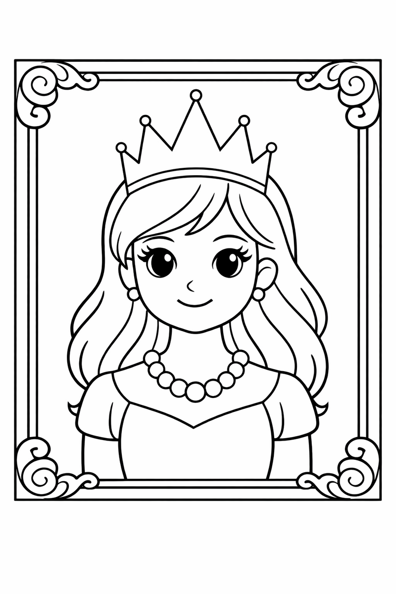 A framed royal portrait of a princess from the shoulders up wearing a pointed crown and a string of round pearls coloring page