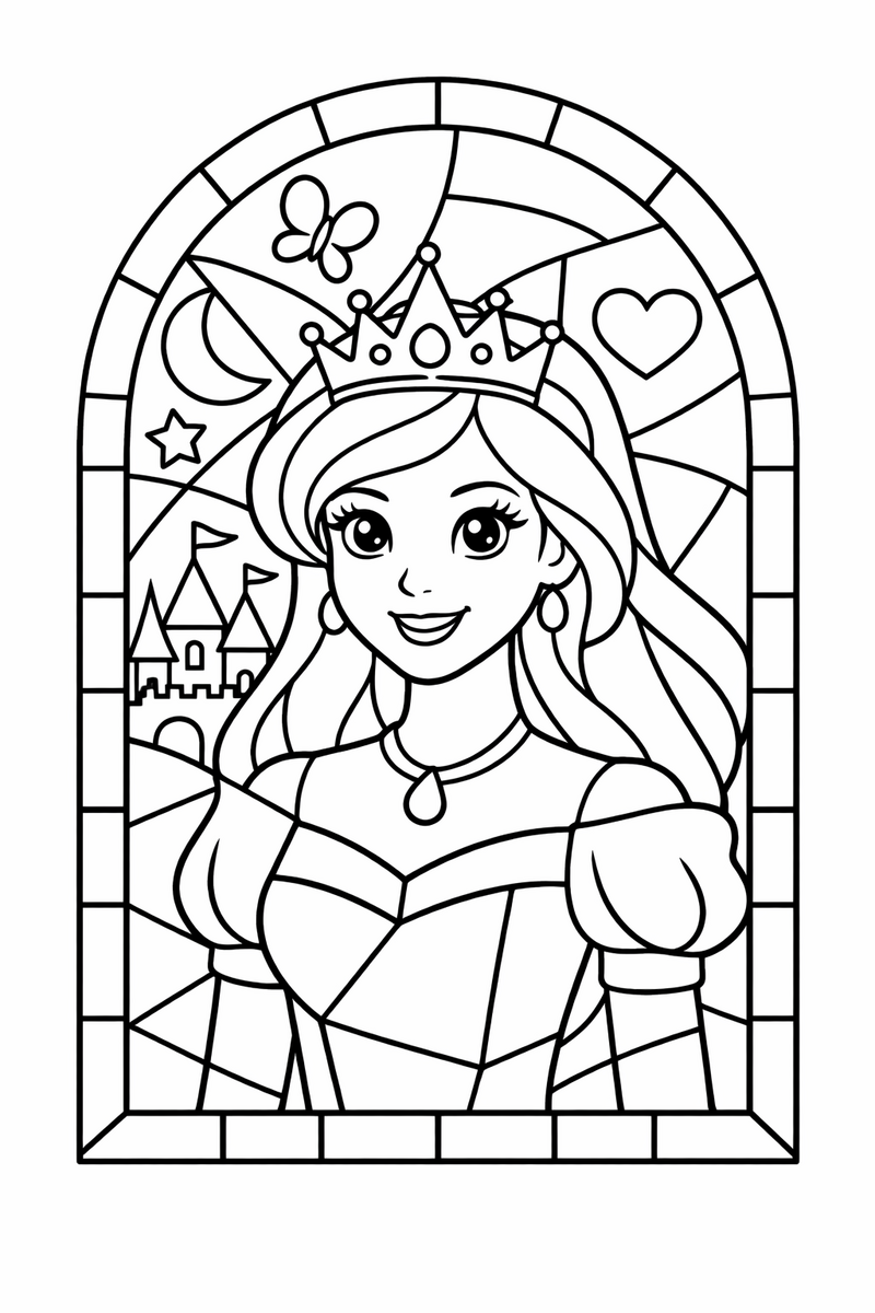 A princess portrait broken into bold outlined segments like the leaded panes of a stained glass window framed by an arch coloring page