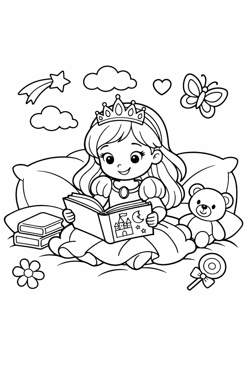 Dibujo de una princesa leyendo un cuento sobre cojines grandes para colorear