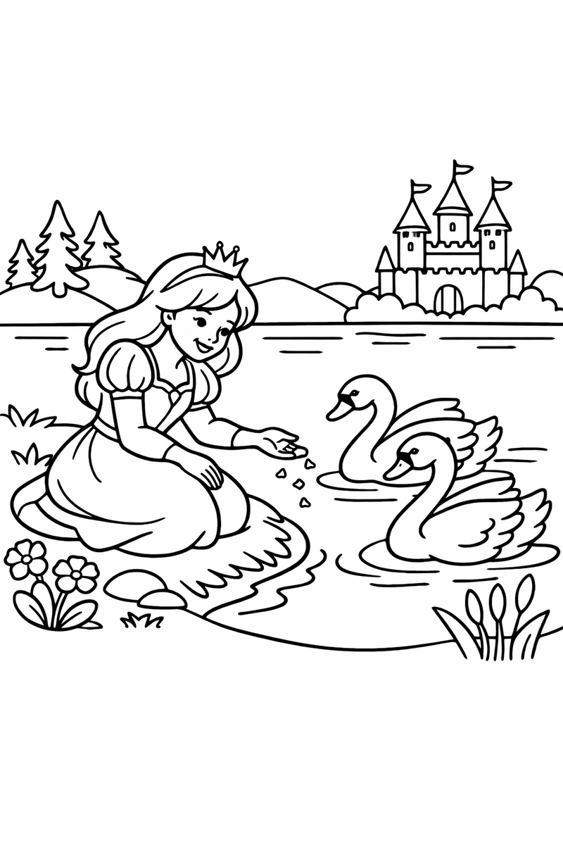 A princess kneeling at the edge of a calm lake holding out crumbs to two graceful swans coloring page