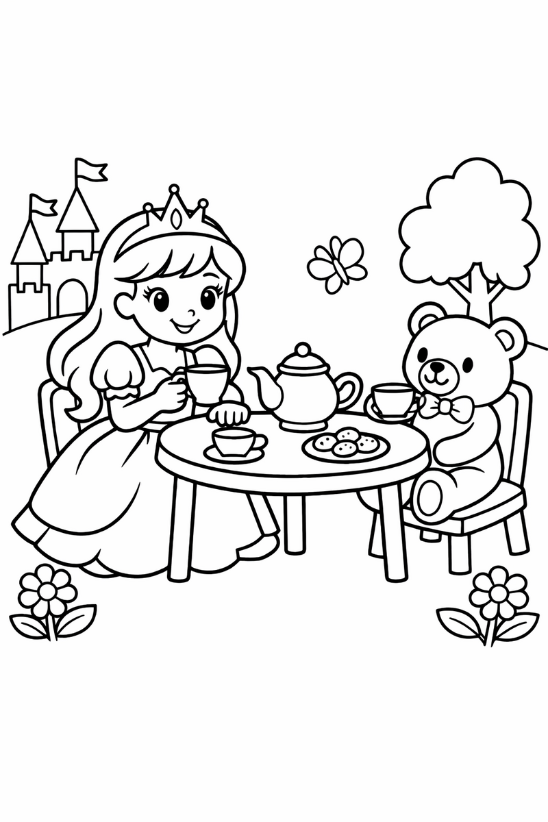 Dibujo de una princesa tomando el té con su osito de peluche para colorear