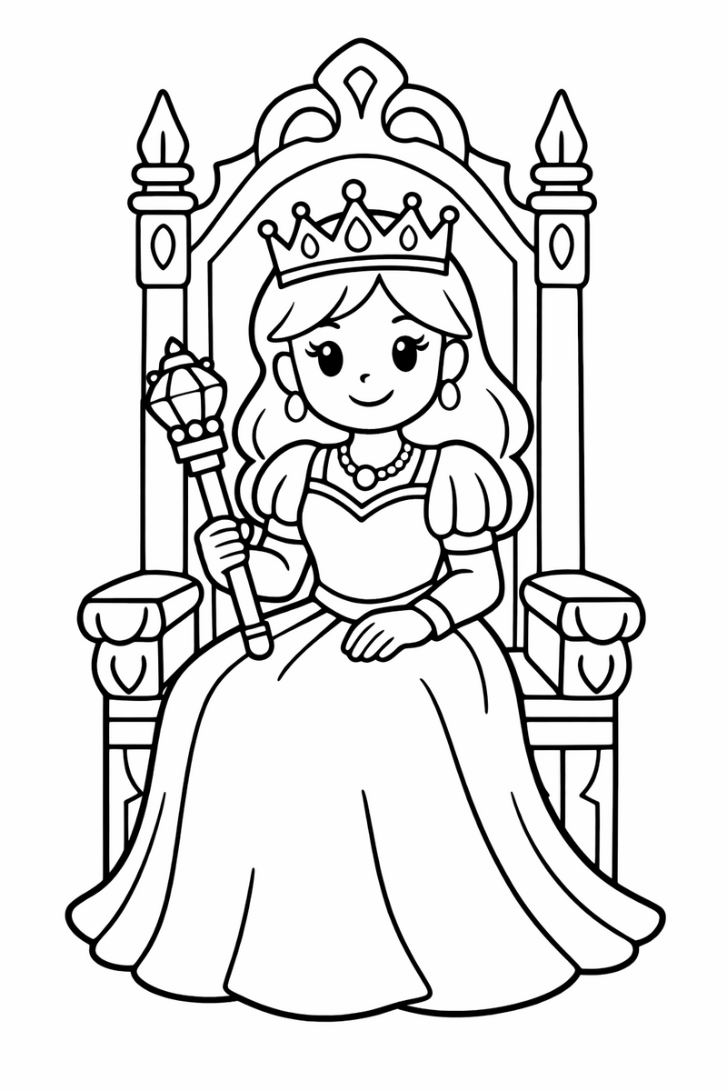 A princess seated upright on a tall carved throne holding a jeweled scepter with a crown on her head coloring page