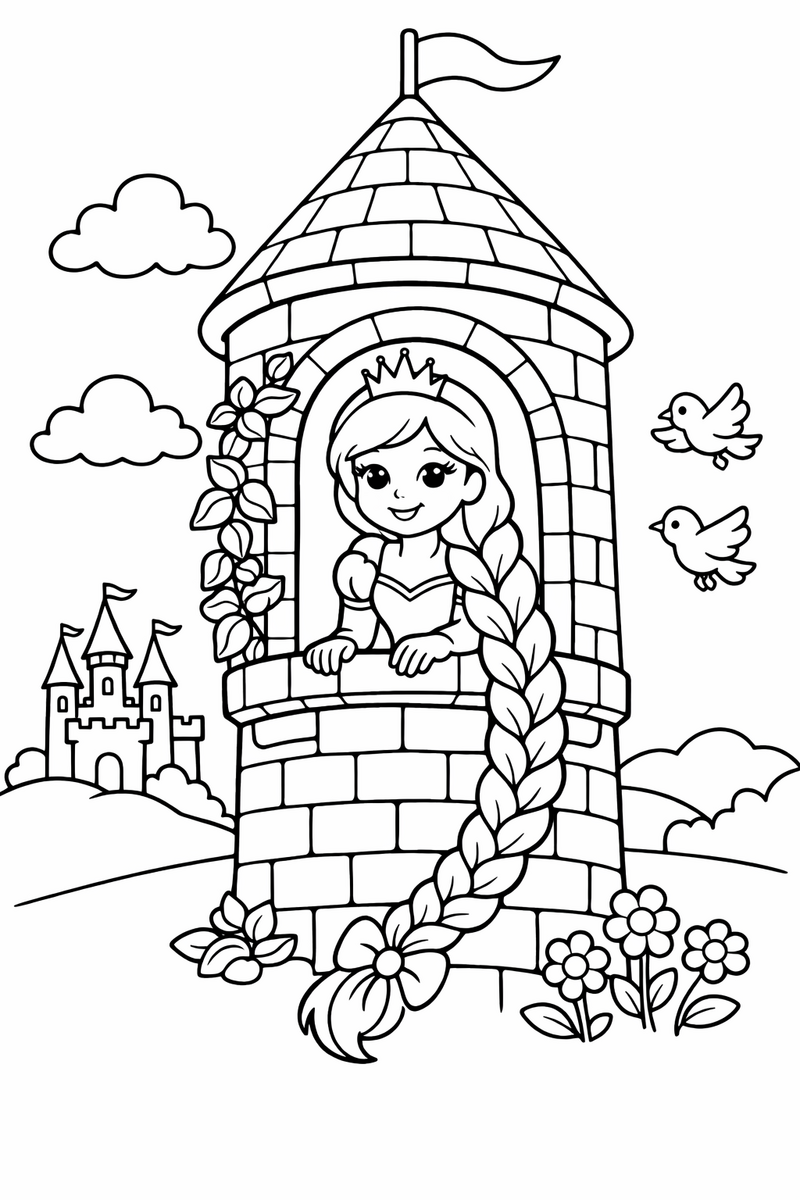 Dibujo de una princesa con una trenza muy larga en la ventana de su torre para colorear