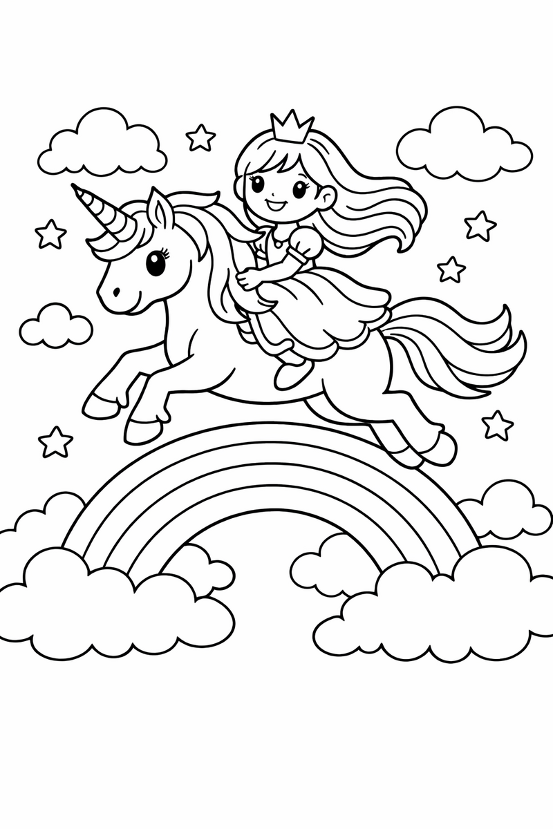 A princess riding a unicorn with a spiral horn and flowing mane leaping over an arching rainbow in the clouds coloring page