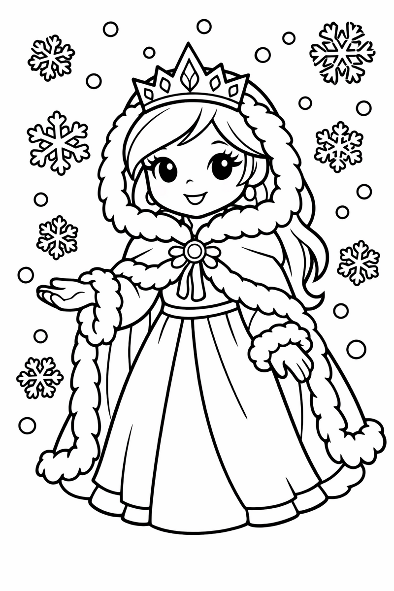 Dibujo de una princesa de invierno con capa y copos de nieve para colorear