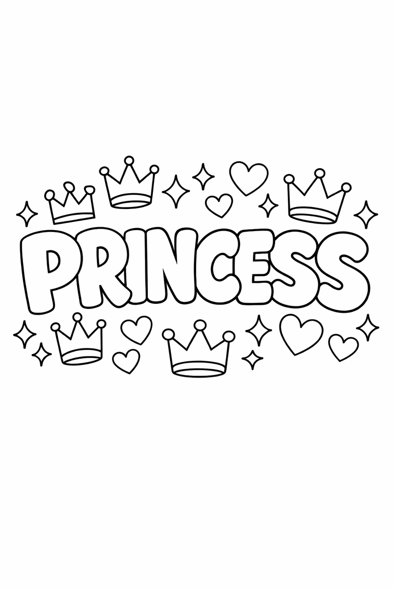 The word PRINCESS in big rounded bubble letters wreathed with little crowns hearts and twinkling stars coloring page