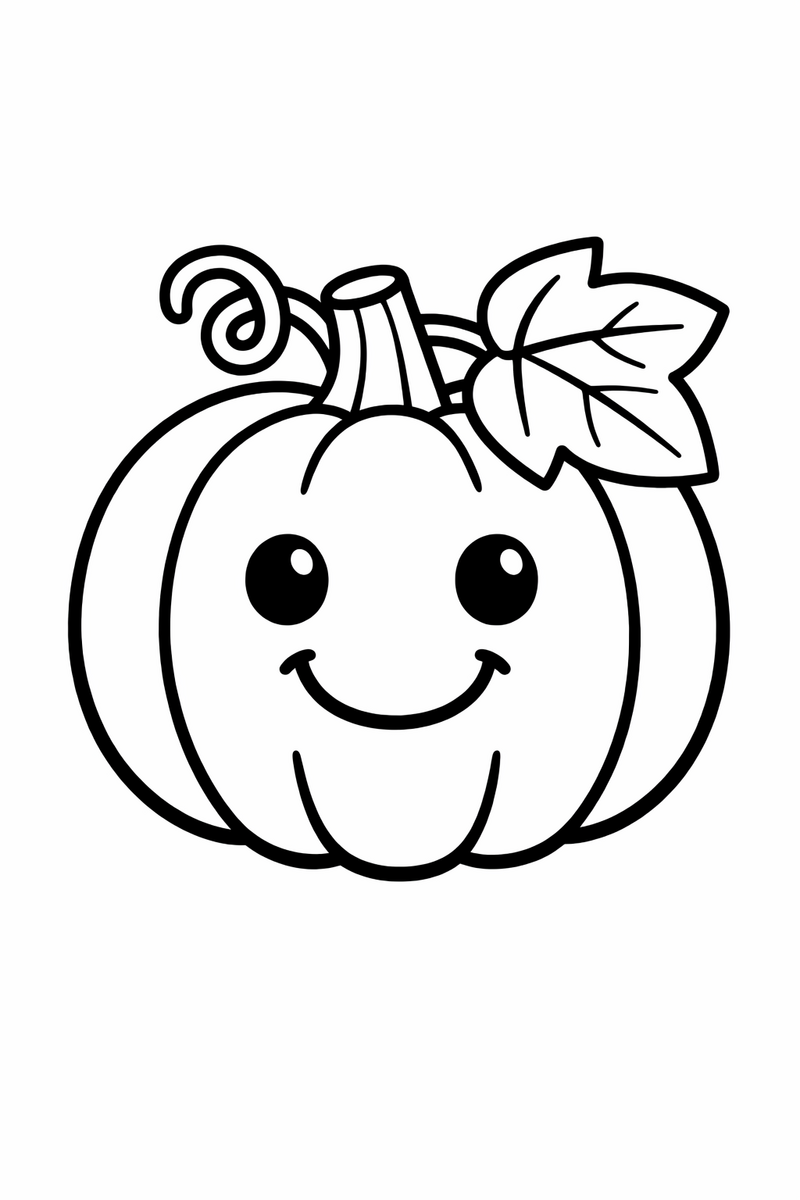 A very simple round smiling pumpkin with a curly stem and one big leaf, extra thick lines, easy for toddlers coloring page