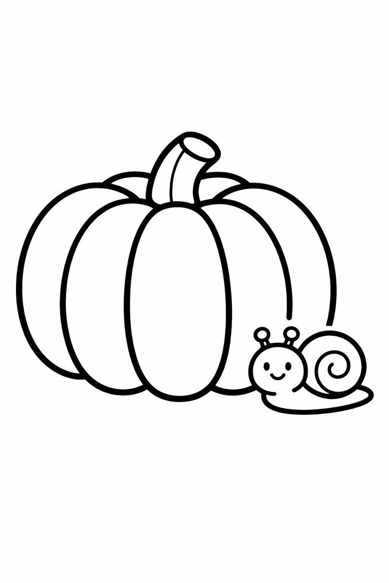 A very simple chubby pumpkin with a tiny snail sitting beside it, extra thick lines, easy for toddlers coloring page