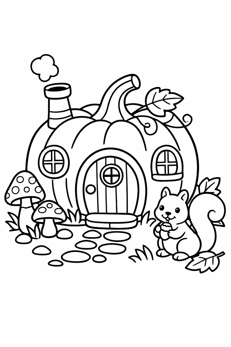 A cozy pumpkin house with a round door, little windows and a chimney, with a squirrel and mushrooms outside coloring page