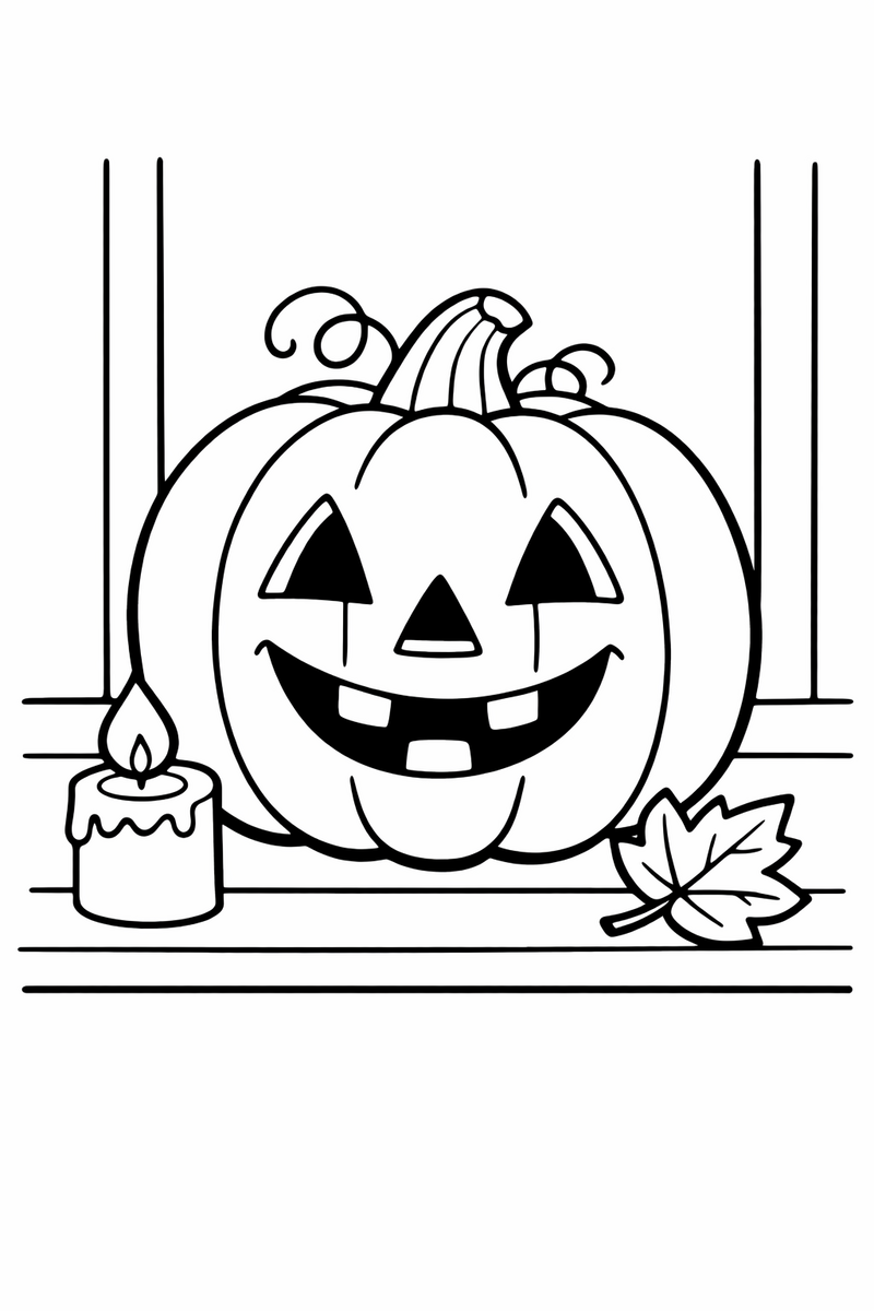 A friendly carved jack-o-lantern pumpkin with a happy face sitting on a porch step next to a small candle and an autumn leaf coloring page