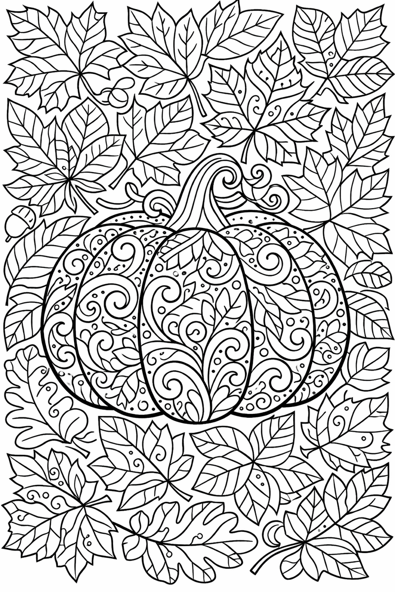 An intricate pumpkin filled with detailed patterns of swirls, dots and leaves, surrounded by decorated autumn leaves filling the whole page, for older colorists coloring page