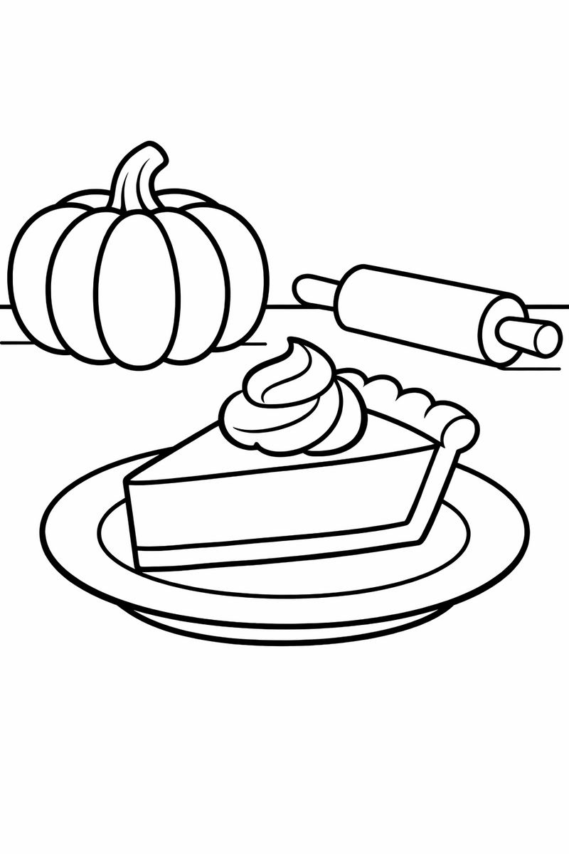 A slice of pumpkin pie with a swirl of whipped cream on a plate, with a whole pumpkin and a rolling pin on the kitchen table coloring page