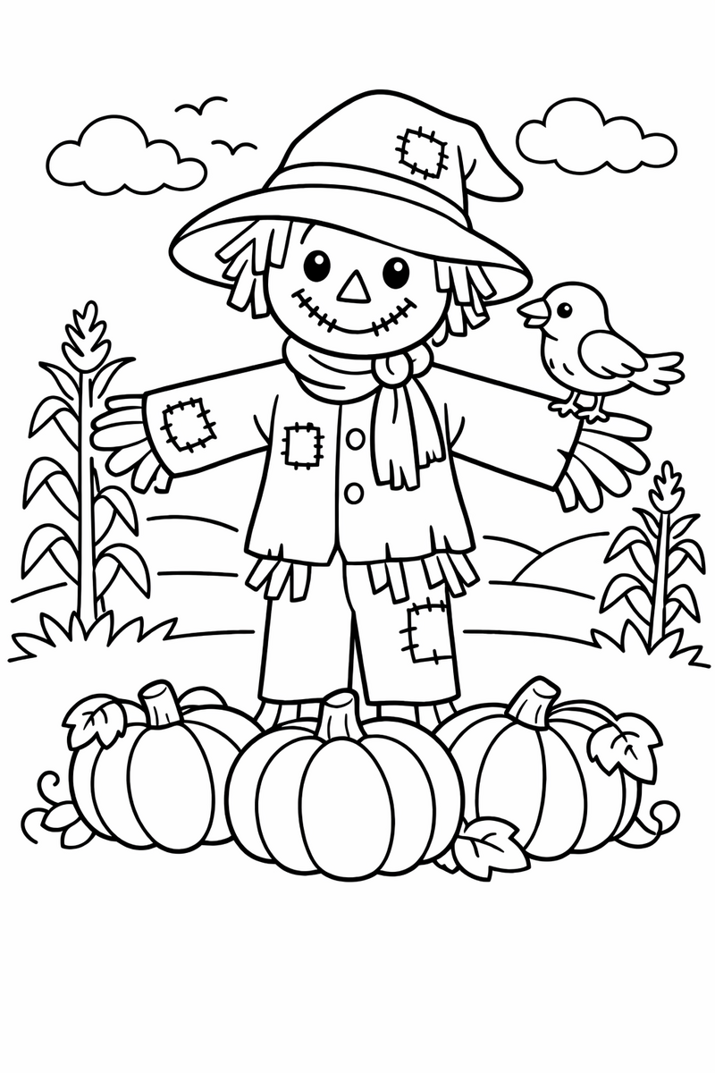 A friendly scarecrow with a floppy hat standing in a field with three pumpkins at its feet and a little crow on its arm coloring page