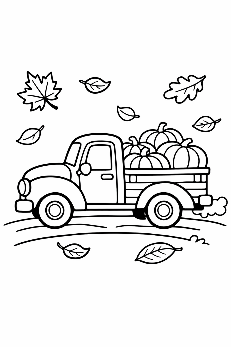 A cute little farm truck with a load of pumpkins in the back driving past falling autumn leaves coloring page