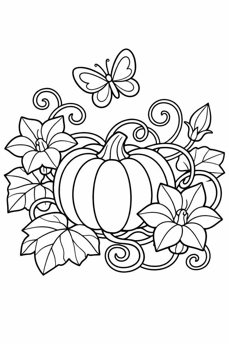 A pumpkin growing on a curly vine with big blossom flowers, wide leaves and a butterfly flying above coloring page