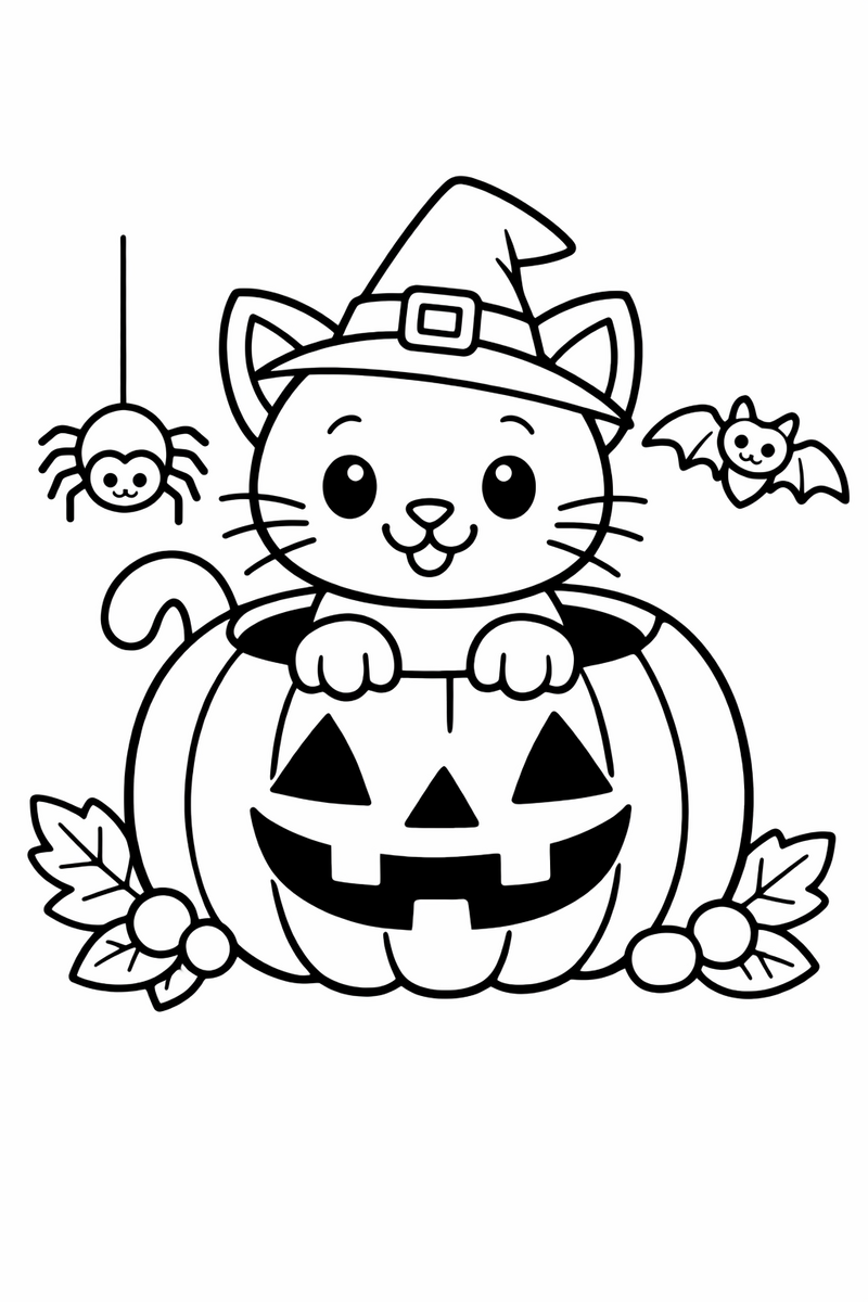 Pumpkin with a Cat coloring page