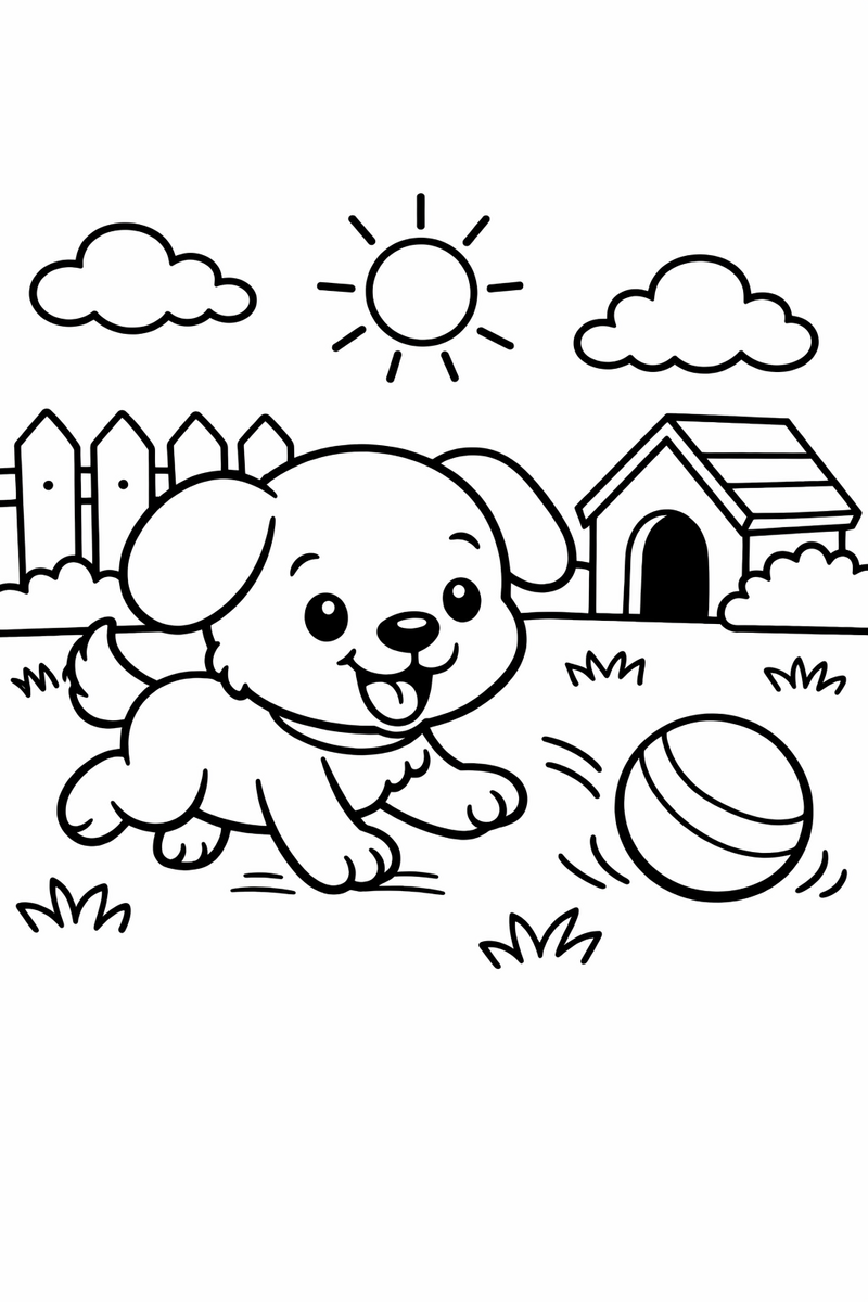 A happy round-headed cartoon puppy with floppy ears and a fluffy tail chasing a bouncing ball across a sunny backyard lawn coloring page