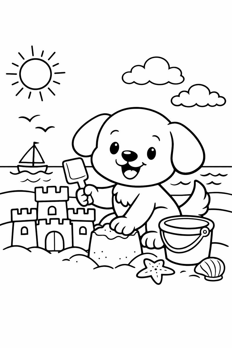 A happy round-headed cartoon puppy with floppy ears and a fluffy tail building a sandcastle with a bucket and spade at the beach coloring page