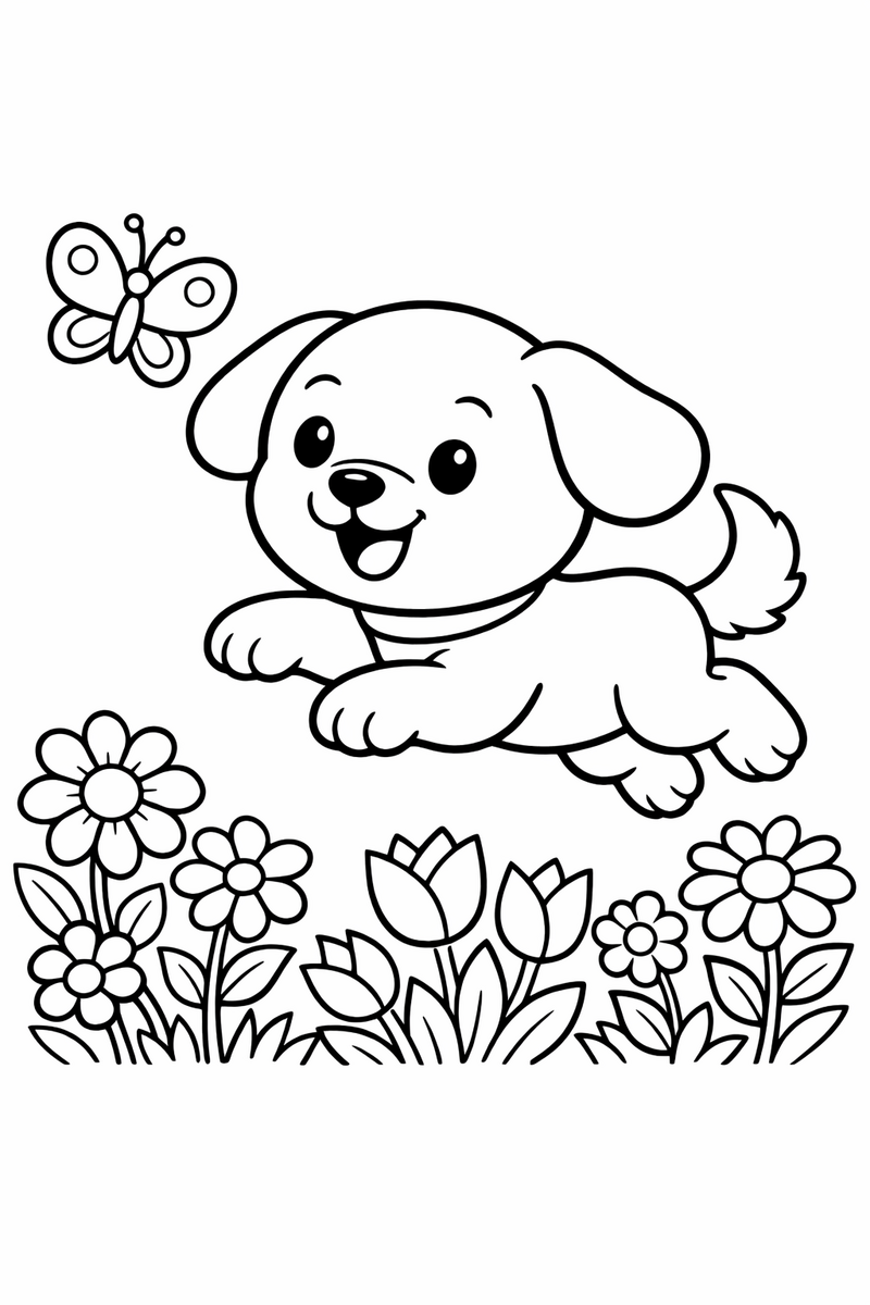 A happy round-headed cartoon puppy with floppy ears and a fluffy tail leaping to chase a butterfly among garden flowers coloring page