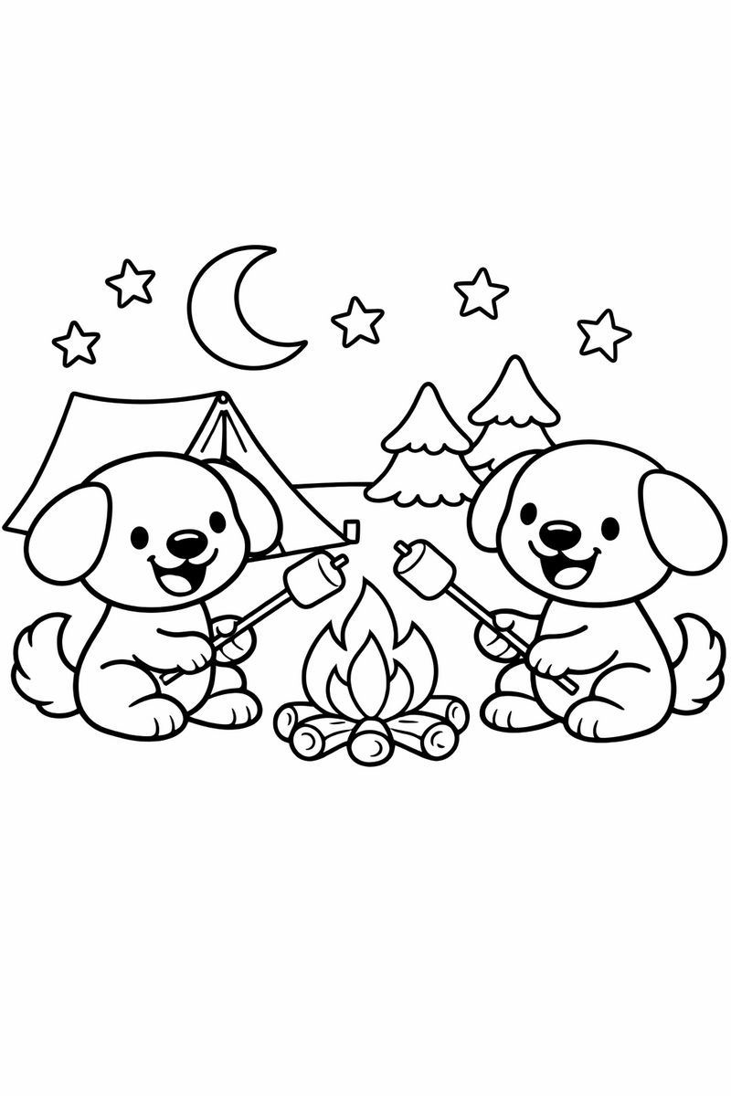 Two happy round-headed cartoon puppy with floppy ears and a fluffy tail pups toasting marshmallows by a small campfire next to a tent under the stars coloring page