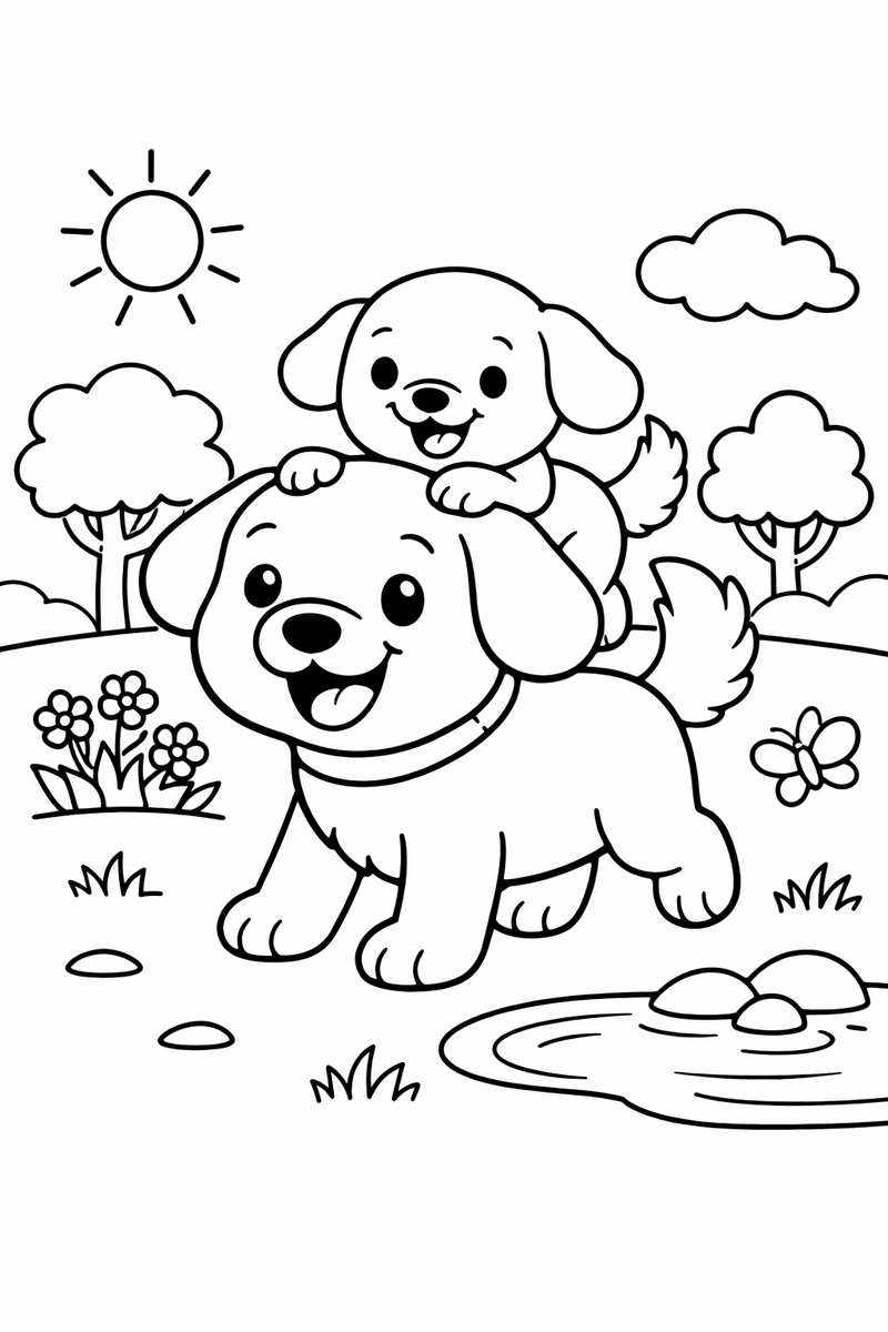 A happy round-headed cartoon puppy with floppy ears and a fluffy tail riding piggyback on its big cartoon dad dog in the park coloring page