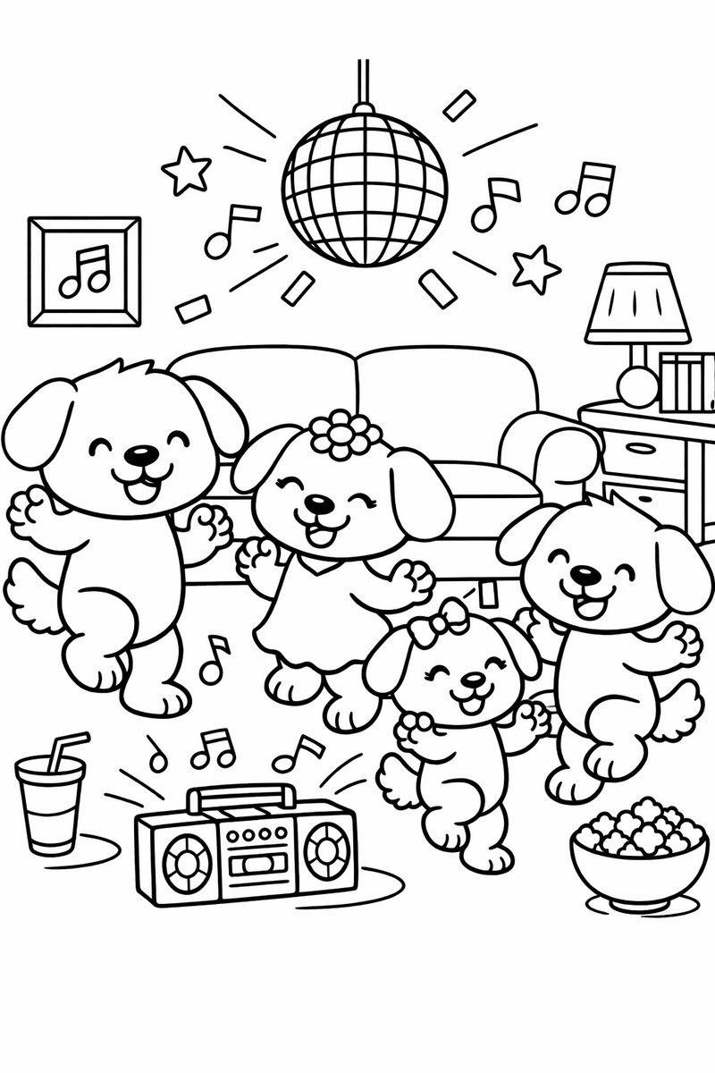 A family of four happy round-headed cartoon puppy with floppy ears and a fluffy tail dogs having a dance party together in the living room coloring page