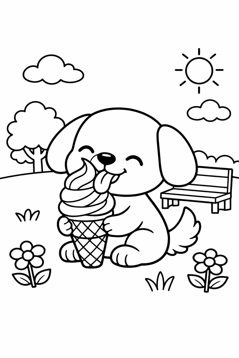 A happy round-headed cartoon puppy with floppy ears and a fluffy tail happily licking a big swirly ice cream cone in the park coloring page
