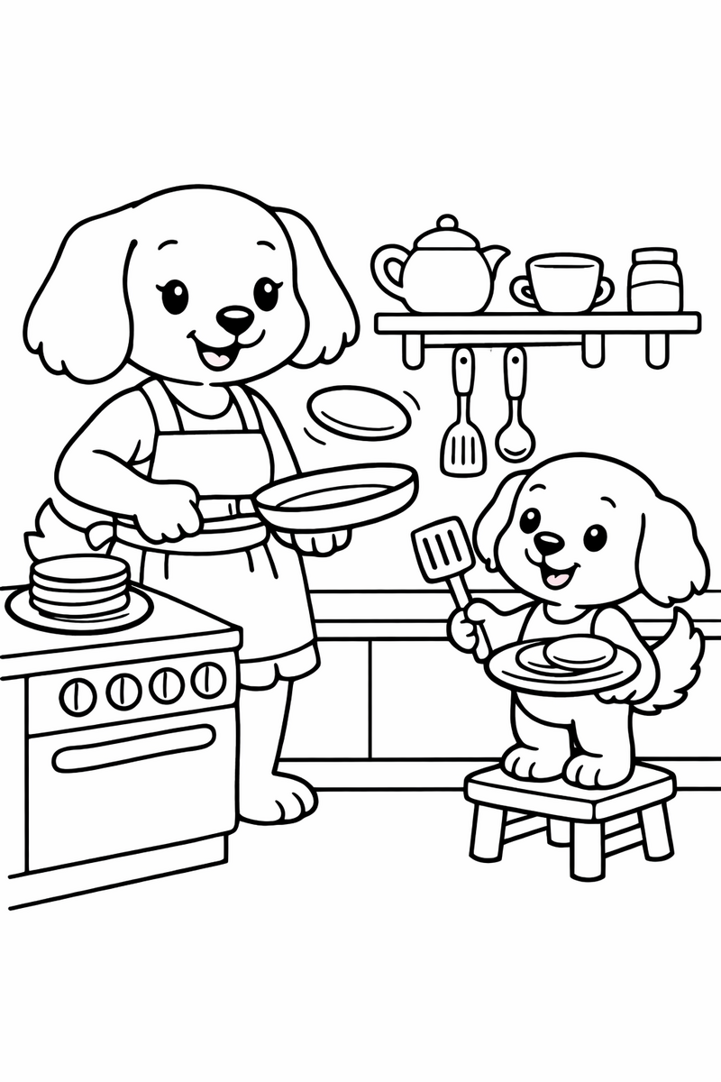 A happy round-headed cartoon puppy with floppy ears and a fluffy tail helping its cartoon mum dog flip pancakes in a cozy kitchen coloring page