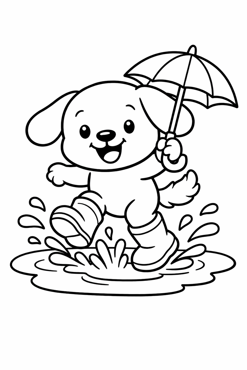 A happy round-headed cartoon puppy with floppy ears and a fluffy tail in rubber boots jumping into a big rain puddle under a small umbrella coloring page