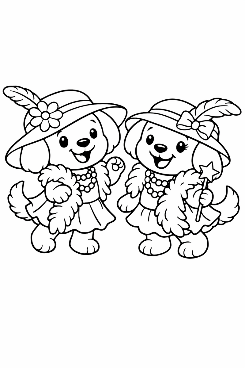 Two happy round-headed cartoon puppy with floppy ears and a fluffy tail sisters playing dress-up with floppy hats and a feather boa coloring page