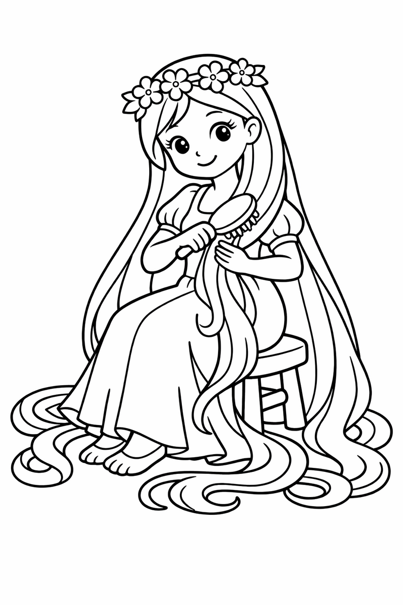 A maiden seated on a stool brushing her very long flowing hair that pools around her feet coloring page