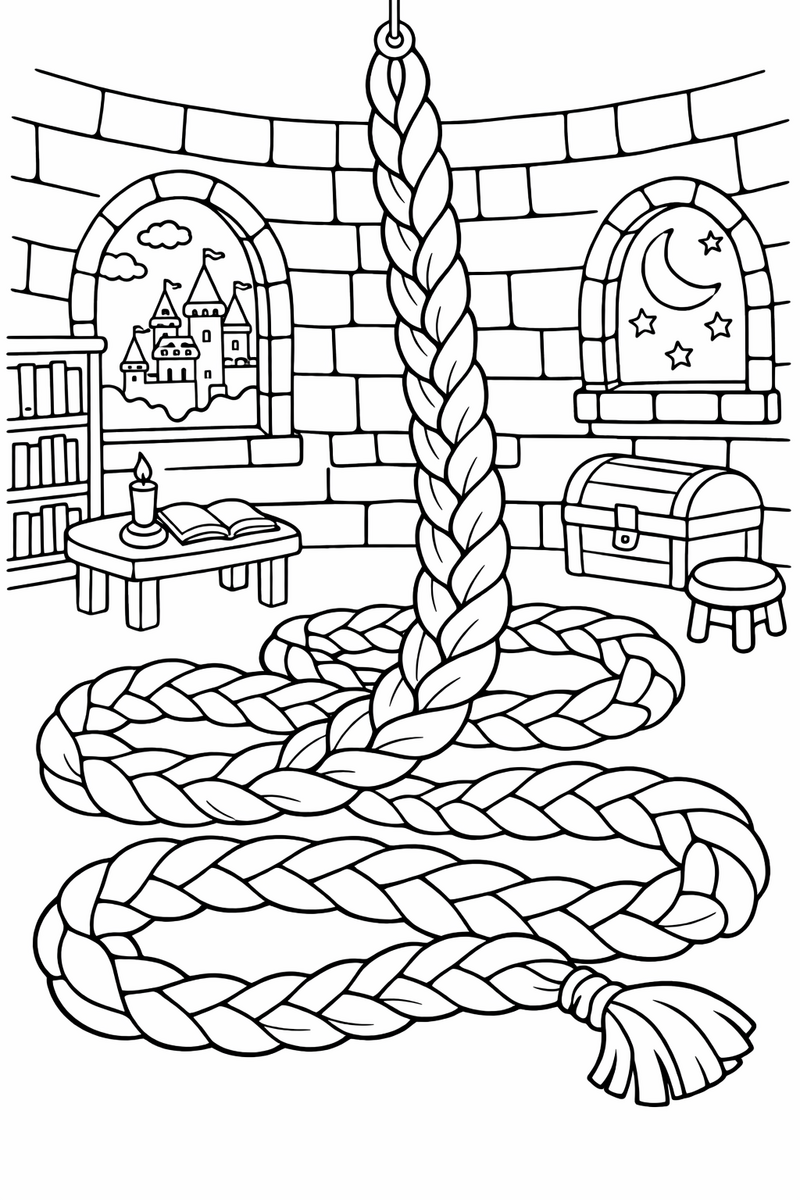 A very long braid looping in big coils across the floor of a round tower room coloring page